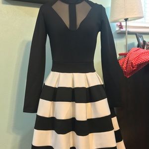 Black and White Long Sleeve Mesh neck dress